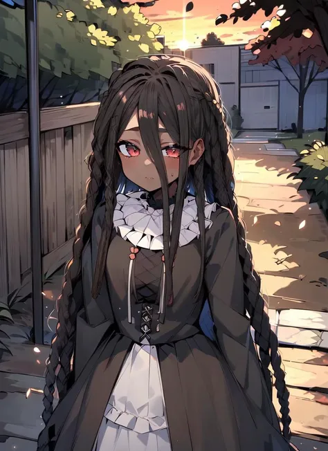 ((best quality)), ((highly detailed)), absurdres, (detailed eyes, deep eyes), (1girl), mirror, reflection, yokozuwari, <lora:hairdetailer:.9>, ((dark skin, dark-skinned female, ebony)):1.2, black hair, <lora:africandreadlocks:.9>, dreadlocks, very long hair, brown eyes, (outside, in a park, trees, path, light post, sunset), <lora:Korean_bot_style:.6>