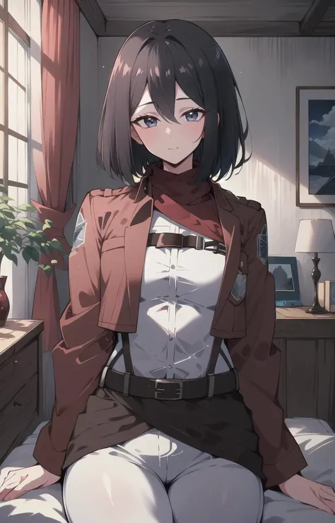 (masterpiece:1.2), (ultra-detailed:1.2), (perfect details), (extremely fine and beautiful:1.1), (shining face, shining body),complex lighting, highres, (close up), 1girl, solo, looking at viewer, detailed background, 8k, hdr, (indoors, bedroom, night, full moon), <lora:GoodHands-vanilla:1>, <lora:korean_bot_style-000009:0.8>, hmmikasa, short hair, black eyes, scarf, emblem, belt, thigh strap, red scarf, white pants, brown jacket, long sleeves, <lora:mikasa_ackerman_v1:0.8>