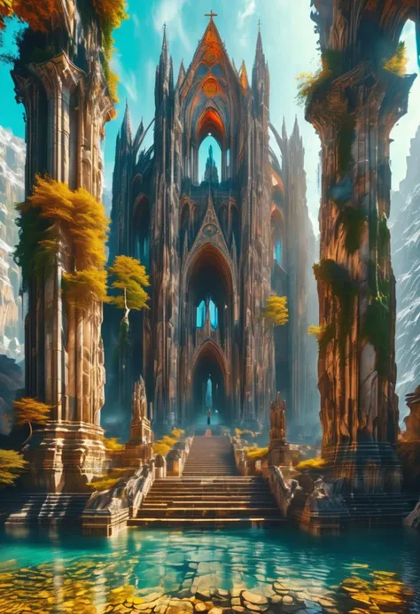 hyperdetailed,vibrant color,amazing quality, masterpiece, best quality, hyper detailed, ultra realistic lighting, UHD, high Dynamic, alluring, intricate details,OverallDetail,hyperkraximalism
heroic fantasy style, 
a cathedral carved in a mountains