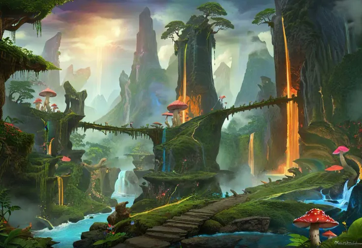 masterpiece, best quality, ultra detailed, professional light, cinematic lighting, ambient lighting, atmospheric effects, photorealistic, epic landscape, high fantasy, waterfall, mountains, cliff, one bridge, (Kintsugi style path), clouds, high trees, giant trees, weird trees, colorful mushrooms, (jungle).
Terrain should be split in left and right, where the right side is lava land landscape.