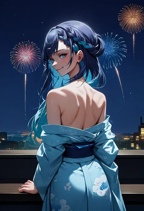 score_9, score_8_up, score_7_up, source_anime, from behind, solo, 1girl, civitai-chan, smile, looking back, braided bangs, blue kimono, floral print, off shoulder, bare shoulders, fireworks <lora:gijinkaseries_civitai_ponyXL:1>