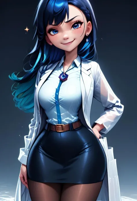 (score_9, score_8_up:1.1), score_7_up, 
subsurface scattering, 
blue theme background,glitter,sparkles,shiny,1girl, Live - action adaptation of a 3d character,  1girl, solo, 
BREAK,
curvy, 
 civitai-chan,labcoat, shirt, shirt tucked in, single vertical stripe, black skirt, pencil skirt, pantyhose, necklace, belt, 
wide hips, curvy, 
BREAK, 
charming face, smile, closed mouth, blushing, looking at viewer,