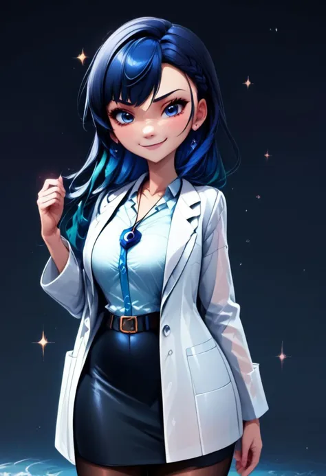 (score_9, score_8_up:1.1), score_7_up, 
subsurface scattering, 
blue theme background,glitter,sparkles,shiny,1girl, Live - action adaptation of a 3d character,  1girl, solo, 
BREAK,
curvy, 
 civitai-chan,labcoat, shirt, shirt tucked in, single vertical stripe, black skirt, pencil skirt, pantyhose, necklace, belt, 
wide hips, curvy, 
BREAK, 
charming face, smile, closed mouth, blushing, looking at viewer,