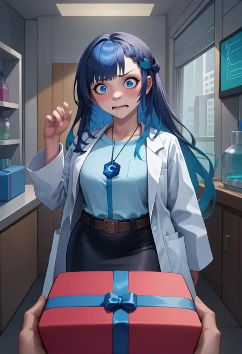 score_9, score_8_up, score_7_up, PovGifting, pov hands, holding gift, gift box, solo focus, 1girl, civitai-chan, blush, surprised, looking at viewer, wavy mouth, braided bangs, labcoat, shirt, shirt tucked in, single vertical stripe, black skirt, pencil skirt, pantyhose, necklace, belt, indoors, laboratory <lora:gijinkaseries_civitai_ponyXL:1> <lora:POVGifting_XLPD:1>