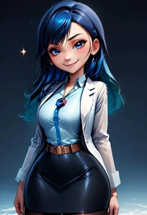 (score_9, score_8_up:1.1), score_7_up, 
subsurface scattering, 
blue theme background,glitter,sparkles,shiny,1girl, Live - action adaptation of a 3d character,  1girl, solo, 
BREAK,
curvy, 
labcoat, shirt, shirt tucked in, single vertical stripe, black skirt, pencil skirt, pantyhose, necklace, belt,
wide hips, curvy, 
BREAK, 
charming face, smile, closed mouth, blushing, looking at viewer,