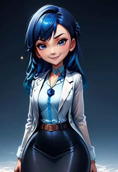 (score_9, score_8_up:1.1), score_7_up, 
subsurface scattering, 
blue theme background,glitter,sparkles,shiny,1girl, Live - action adaptation of a 3d character,  1girl, solo, 
BREAK,
curvy, 
labcoat, shirt, shirt tucked in, single vertical stripe, black skirt, pencil skirt, pantyhose, necklace, belt,
wide hips, curvy, 
BREAK, 
charming face, smile, closed mouth, blushing, looking at viewer,