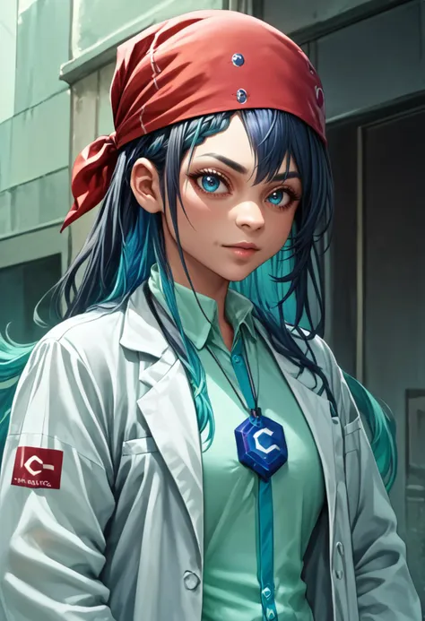 score_9, score_8_up, score_7_up, detailed, red bandana, <lora:RicardosBandana_XLPD-000004:1>, <lora:gijinkaseries_civitai_ponyXL:0.8> civitai-chan, braided bangs, labcoat, shirt, shirt tucked in, single vertical stripe,