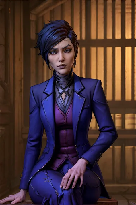 <lora:borderlands:0.5>, borderlands,Chinese woman, blue Asymmetrical Cut, wearing vermilion Tailored Blazer and Trousers, Seated Cross-Legged, Wine Cellar, <clip:skip:2>, masterpiece, 8k, high resolution, shallow depth of field, sharp focus