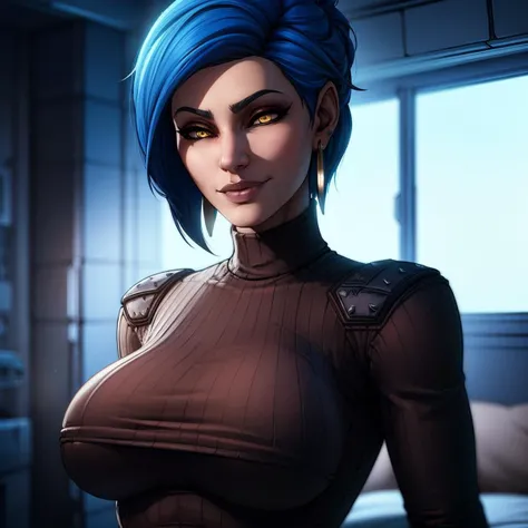 Best_QualityPos, RAW photo, intricate details, best quality, 8k uhd, soft lighting, 1girl, solo, large breasts, spiked hair, blue hair, yellow eyes, earrings, black turtleneck sweater, abs, borderlands <lora:borderlands-2:0.6>