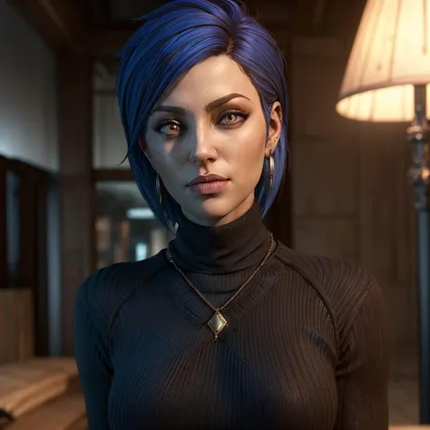 Best_QualityPos, RAW photo, intricate details, best quality, 8k uhd, soft lighting, 1girl, solo, large breasts, spiked hair, blue hair, yellow eyes, earrings, black turtleneck sweater, abs, borderlands <lora:borderlands-2:0.6>