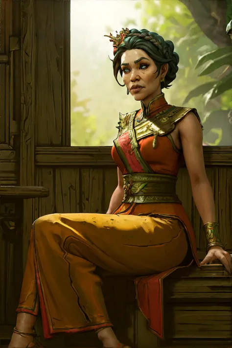 <lora:borderlands:0.5>, borderlands, Thai woman, coral Crown Braid, wearing green Casual Outfit, Sitting on Stairs, Study Room, <clip:skip:2>, masterpiece, 8k, high resolution, shallow depth of field, sharp focus