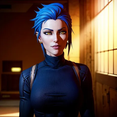 Best_QualityPos, RAW photo, intricate details, best quality, 8k uhd, soft lighting, 1girl, solo, large breasts, spiked hair, blue hair, yellow eyes, earrings, black turtleneck sweater, abs, borderlands <lora:borderlands-2:0.6>