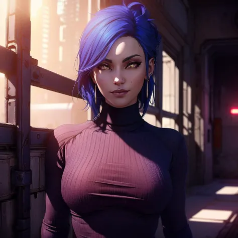 Best_QualityPos, RAW photo, intricate details, best quality, 8k uhd, soft lighting, 1girl, solo, large breasts, spiked hair, blue hair, yellow eyes, earrings, black turtleneck sweater, abs, borderlands <lora:borderlands-2:0.6>