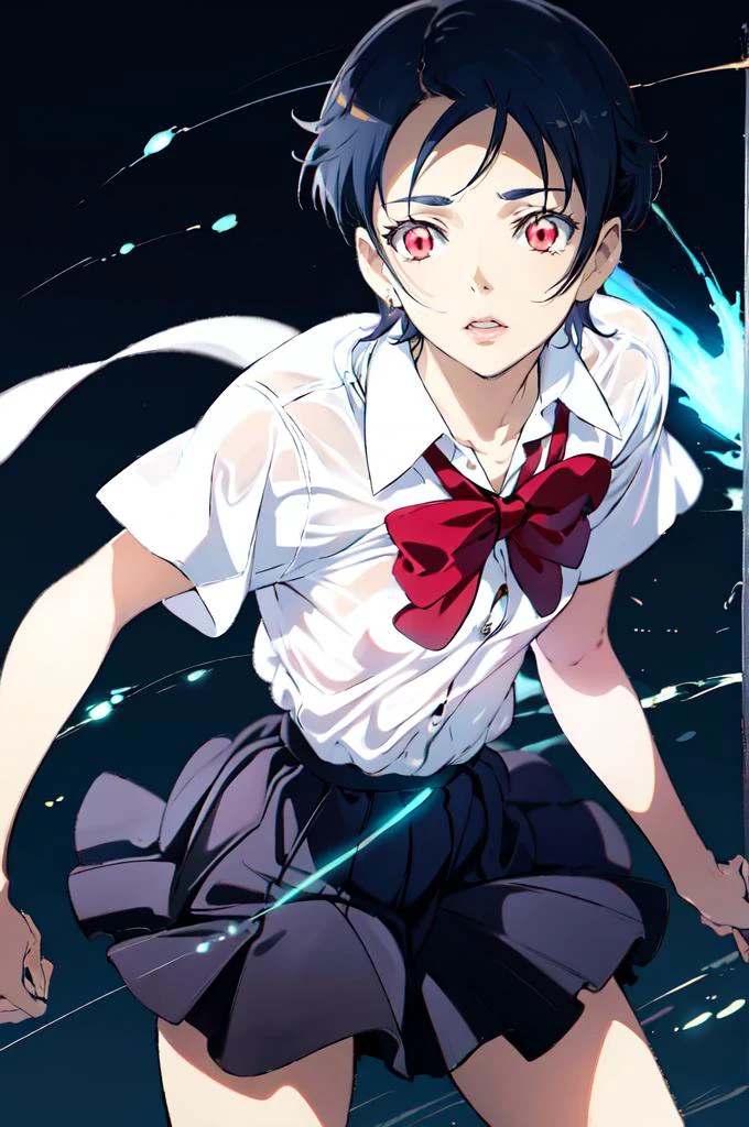 <lora:Otonashi_Saya:0.9> otonashisaya, white shirt, red bow, skirt, glowing eyes, <lora:Niko Tama 1.5:0.8>, absurdres, ultra detailed, masterpiece, best quality, aesthetic, detailed,