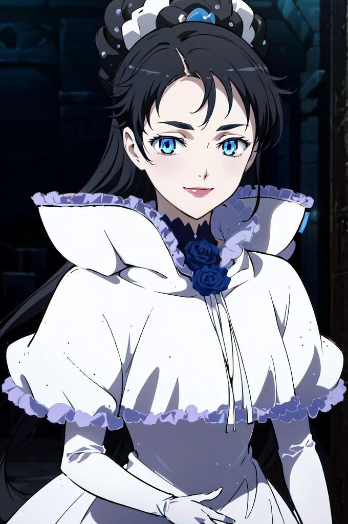 smile, <lora:Diva:0.9> diva_blood, glowing_eyes, white dress, diva_dress2, diva_tied_hair, elbow gloves, <lora:Niko Tama 1.5:0.8>, absurdres, ultra detailed, masterpiece, best quality, aesthetic, detailed,