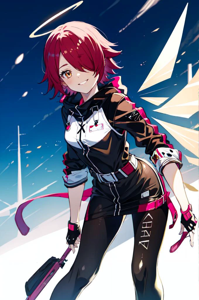 <lora:exusiai:1> exusiai, 1girl, solo, red hair, short hair, brown eyes, hair over one eye, halo, jacket, belt, black pantyhose, detached wings, black skirt, fingerless gloves, smile, <lora:Niko Tama 1.5:0.8>, absurdres, ultra detailed, masterpiece, best quality, aesthetic, detailed,