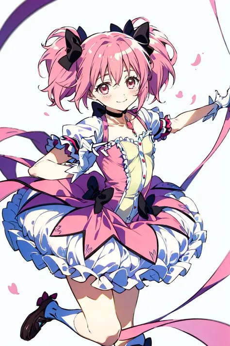 <lora:Madoka:1> MadokaAi, kaname madoka, pink eyes, pink hair, short hair, bangs, short twintails, small breasts, magical girl, rose, hair bow, hair ribbon, bow, ribbon, red ribbon, pink bow, red choker, ribbon choker, collarbone, soul gem, frills, dress, buttons, puffy sleeves, frilled sleeves, white gloves, bubble skirt, socks, shoes, 
smile, abstract background, reaching towards viewer, open hand, pink and white white background, cowboy shot, bow,  <lora:Niko Tama 1.5:0.8>, absurdres, ultra detailed, masterpiece, best quality, aesthetic, detailed,