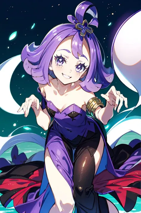 <lora:Acerola_Pokemon:0.8> acerola (pokemon), purple eyes, purple hair, topknot, flipped hair, collarbone, purple dress, sleeves, stitches, multicolored dress, armlet,
smile, ghost pose, hands up, leaning forward, straight-on, <lora:Niko Tama 1.5:0.8>, absurdres, ultra detailed, masterpiece, best quality, aesthetic, detailed,