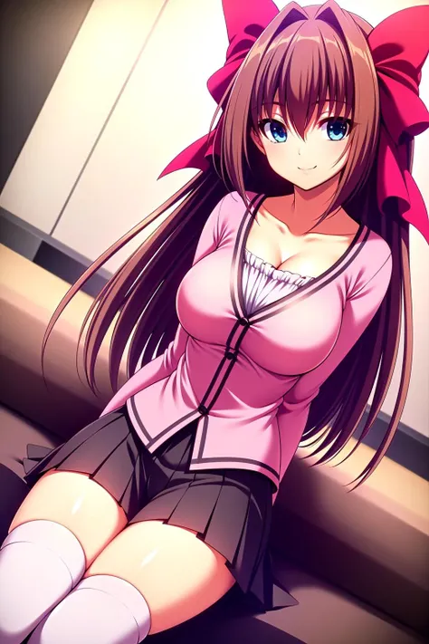 masterpiece, best quality, blue eyes, brown hair, hair intakes, hair ornament, long hair, looking at viewer, smile, solo, skirt, big bows, pink blouse, white blouse, thighhighs, dutch angle, <lora:Akane2_LoRA:0.6>