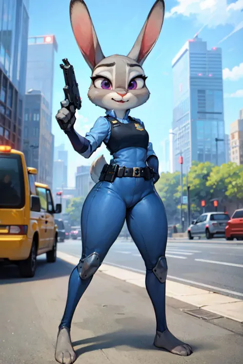 best quality, masterpiece, solo, 1girl, JudyHopps, police uniform,City, modern city, no pants, ??? judy