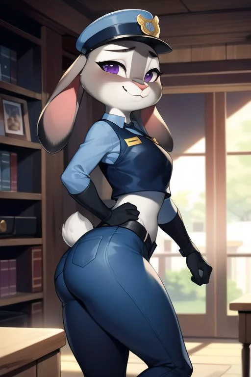 best quality, masterpiece, solo, 1girl,  <lora:Judy (lora):1>, JudyHopps, police uniform, police hat,