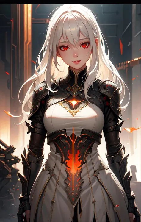 (dark shot:1.1), epic realistic, A girl with a beautiful smile, white hair, red eyes, faded, (neutral colors:1.2), (hdr:1.4), (muted colors:1.2), hyperdetailed, (artstation:1.4), cinematic, warm lights, dramatic light, (intricate details:1.1), complex background, (rutkowski:0.66), (teal and orange:0.4)