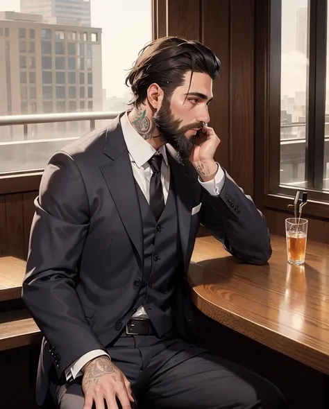 epic realistic, A man with a beard, a tattoo on his neck, in an expensive suit, is sitting in a bar, rutkowski, rim light, maximum details, (natural skin texture, hyperrealism, soft light, muted colors), background