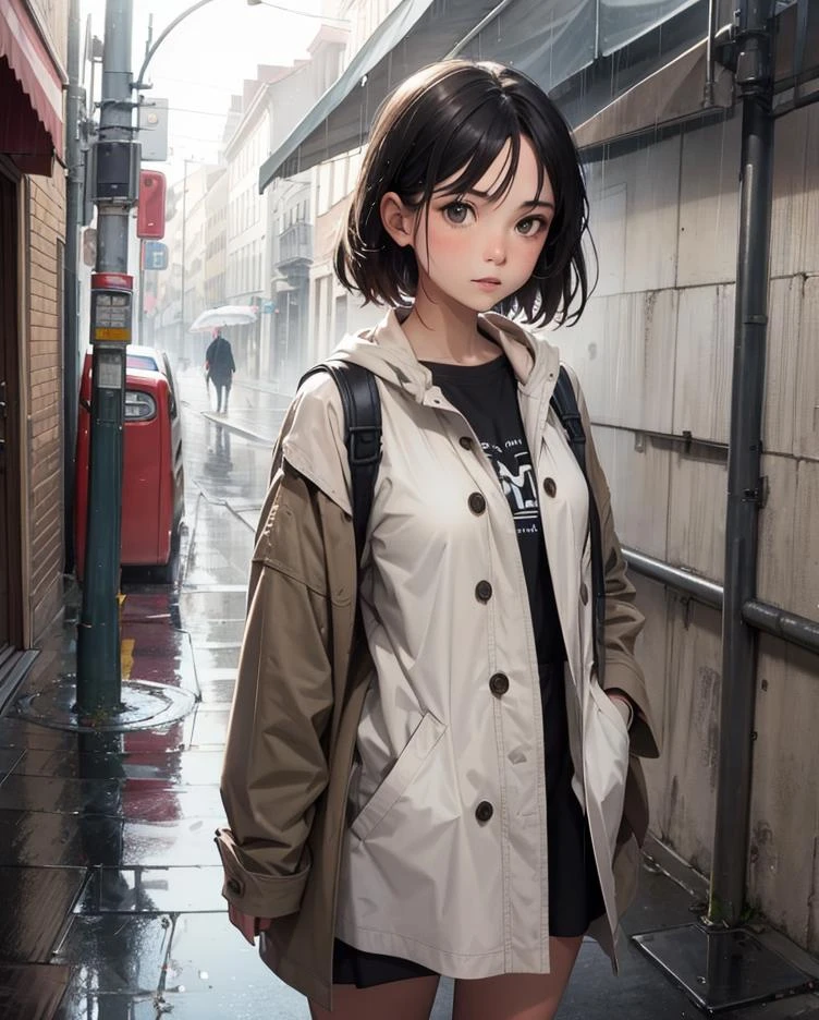 epic realistic, A girl standing in the rain, on the street, rutkowski, rim light, maximum details, (natural skin texture, hyperrealism, soft light, muted colors), background
