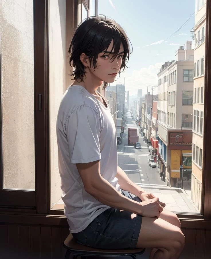 epic realistic, The (guy:1.5) is sitting on the window. And looks at the viewer, rutkowski, rim light, maximum details, (natural skin texture, hyperrealism, soft light, muted colors), background