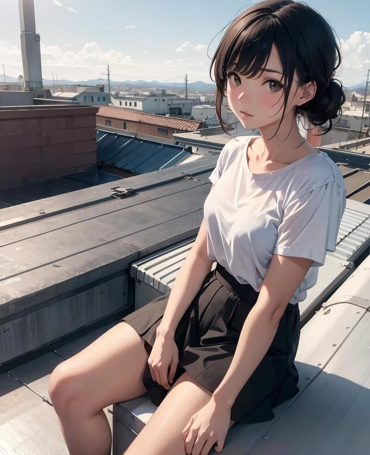 epic realistic, Girl sitting on the edge of the roof, 4K, detail, rutkowski, rim light, maximum details, (natural skin texture, hyperrealism, soft light, muted colors), background