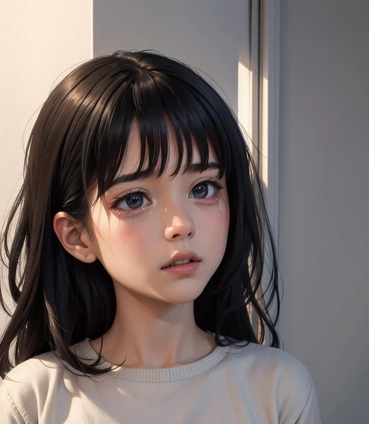 Girl crying in a room in the corner, maximum details