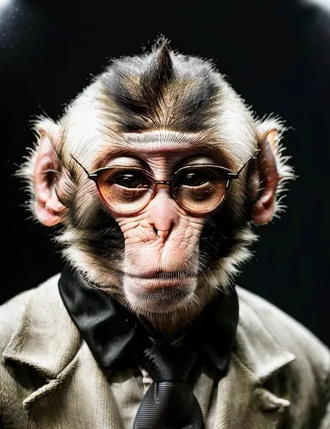Cute monkey stands in the studio in a strict black suit and sunglasses, full-length, strict appearance, straightens his tie, studio lighting, professional portrait, professional shooting, real shooting., cgi, high detail, best quality, heart earrings, HDR, high quality, high definition, 8k wallpaper, complex details, Full-HD, Detailed lighting, Cinematic lighting, detailed fur, Camera view
<lora:MonkeyLoraV1:1>Monkey tail (style (men in black))
<lora:sleepy_v100:1>