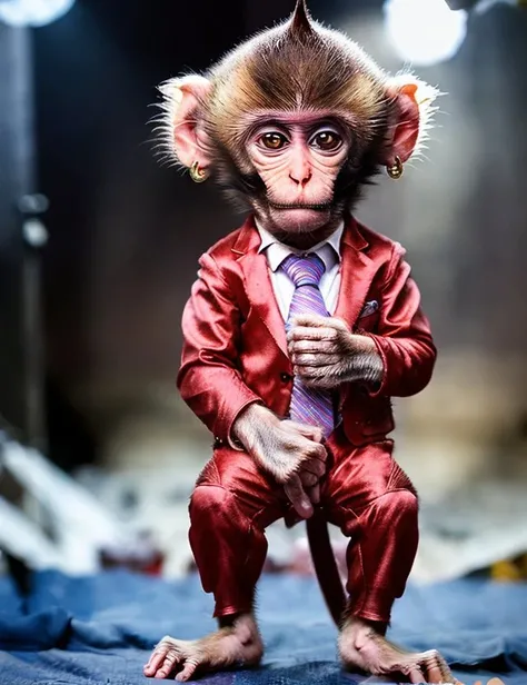 A cute monkey stands in the studio in a strict red full-length suit, a strict look, straightens his tie, studio lighting, professional portrait, professional shooting, real shooting.
,cgi, high detail, best quality, hearts earrings, HDR, high quality, high-definition, 8k wallpaper, intricate details, Full-HD,detailed lighting, cinematic lighting, detailed fur, Looking at the camera
<lora:MonkeyLoraV1:1>Monkey tail (At the circus)
<lora:sleepy_v100:1>