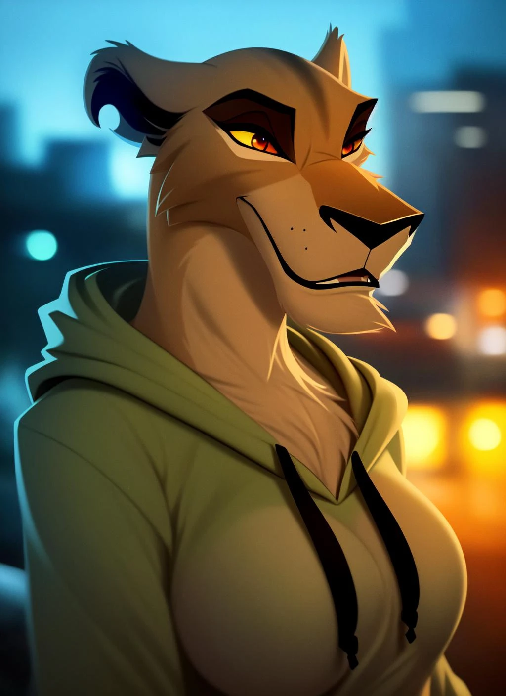 zira, furry female anthro, lion girl, portrait, close-up, (hoodie:1.2), solo, (body fur:1.2), (best quality), (detailed urban background:1.2), dramatic lighting, (detailed fluffy fur:1.1), looking at viewer, medium breasts, <lora:zira-v1:1>