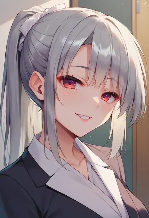 score_9, score_8_up, score_7_up, source_anime, 1girl,red eyes,smile, room, wariza, ponytail,grey hair, portrait, blazer,  <lora:YatanukiKey-Style-PonyXL-000048:1>