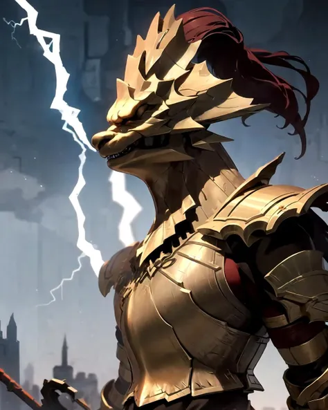 detailed, solo, upper body, action, Ornstein, <lora:Ornstein:0.8>, night,thunderbolt, thunder, cinematic lighting,