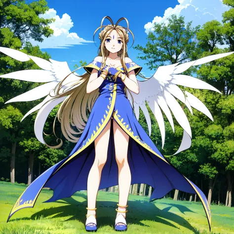 Belldandy, 1girl,solo,long hair, wings,jewelry,standing, anklet, ring, gloves,fingerless gloves,bracelet,highres,color trace,best quality, looking at viewer, full body, facial mark, blue eyes,forehead mark, brown hair,own hands together,nature, own hands clasped, highleg leotard,dress, very long hair, tree,outdoors