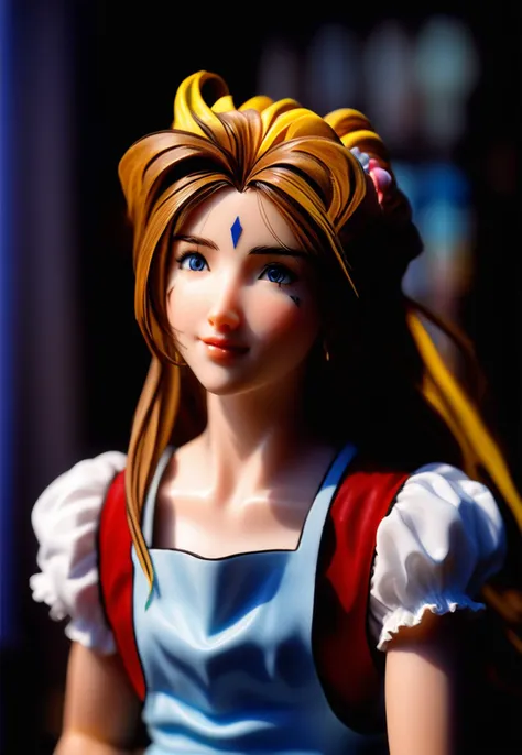 belldandy,apron,full body pose,solid sculpted plastic hair,kitchen,diorama,plastic figurine,photography, shooting 70mm, depth of field, f 8, soft shadows, 8k, Rembrandt Lighting, volume lighting, slight lens flare very detailed, lots of light and shadows, dynamic pose, sharp focus, intricate details, film, backlight, depth of field, F148, high contrast, 8k, film lighting, ethereal light, intricate details, film grains, Kodak 400, F1.8, Bokeh Blur, ISO 1900,3D, 8K, high contrast, surrealism, 8k, colorful, winning photos,facial mark,forehead mark,<lora:Kosuke Fujishima_XL:1>