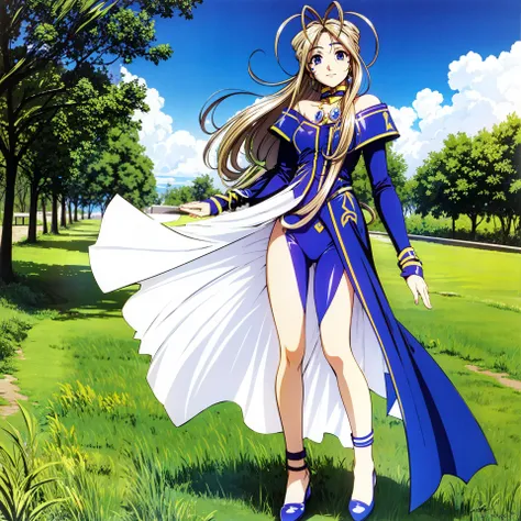 Belldandy,1girl,solo,long hair,jewelry,standing, anklet, ring, gloves,fingerless gloves,bracelet,highres,color trace,best quality, looking at viewer, full body, facial mark, blue eyes,forehead mark, brown hair,own hands together,nature, own hands clasped, highleg leotard,very long hair, tree,outdoors
