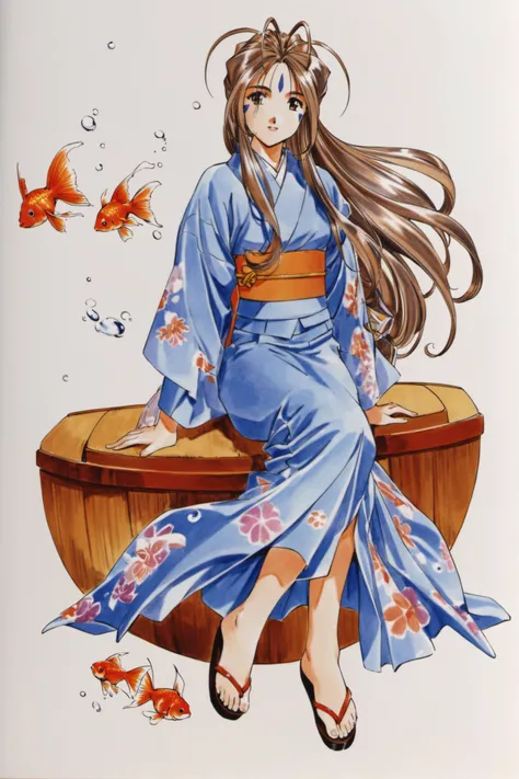 Belldandy, 1girl, japanese clothes, fish, kimono, solo, 1990s (style), forehead mark, goldfish, retro artstyle, brown hair, facial mark, sandals, long hair, long sleeves, sash, obi, yukata, blue kimono, sitting, turtle, white background, traditional media,<lora:Kosuke Fujishima_XL:0.8>
