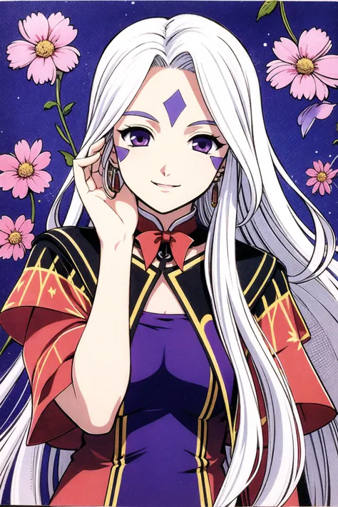 Urd, 1girl, flower, solo, long hair, white hair, facial mark, forehead mark, purple eyes, smile, traditional media, head rest, <lora:Kosuke Fujishima:0.8>