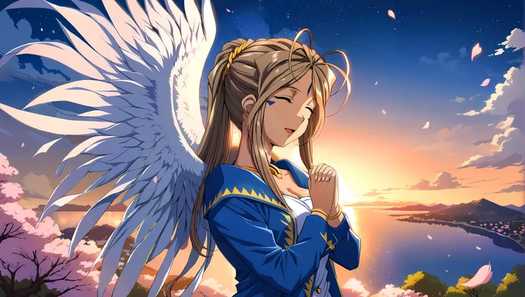 (sfw), rating_safe,masterpiece, best quality,1girl, mature_female, close-up, looking_at_viewer, from_below,
belldandy, backlighting,angel wings, clouds,
own_hands_clasped, praying, magic_circle,blue_jacket, open_jacket, white_dress blowing in the wind, bracelet, cleavage,sunset,cherry blossoms,falling petals,(wind:0.8),sparkles,clouds,park,outdoors, starry_sky, cityscape in background, lake, flowers, beautiful detailed scenery,