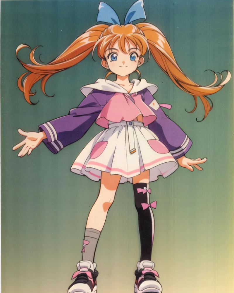1girl, solo, long hair, 1990s (style), retro artstyle, blue eyes, smile, long sleeves, standing,
<lora:Kosuke Fujishima:0.6>,
<lora:popuri_v9_locon-000003:0.5>, <lora:popurin_moe:0.2>, (blue eyes, hair bow, orange hair, twintails), pink shirt, skirt, (asymmetrical legwear, mismatched legwear, pocket), shoes, black socks, grey thighhigh, ribbon, hood,