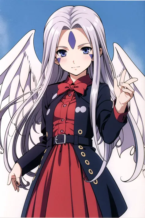 1girl, Peorth, long hair, wings, blush, forehead mark,blue eyes,purple hair, facial mark,long sleeves,<lora:Kosuke Fujishima:0.8>