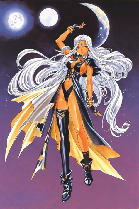 Urd, 1girl, solo, long hair, facial mark, white hair, forehead mark, jewelry, 1990s (style), moon, thighhighs, cape, bracelet, very long hair, single thighhigh, breasts, dark skin, retro artstyle, dark-skinned female, gloves, long legs, fingerless gloves, sideboob, full moon, navel, uneven legwear, boots, asymmetrical legwear, traditional media,<lora:Kosuke Fujishima_XL:0.8>