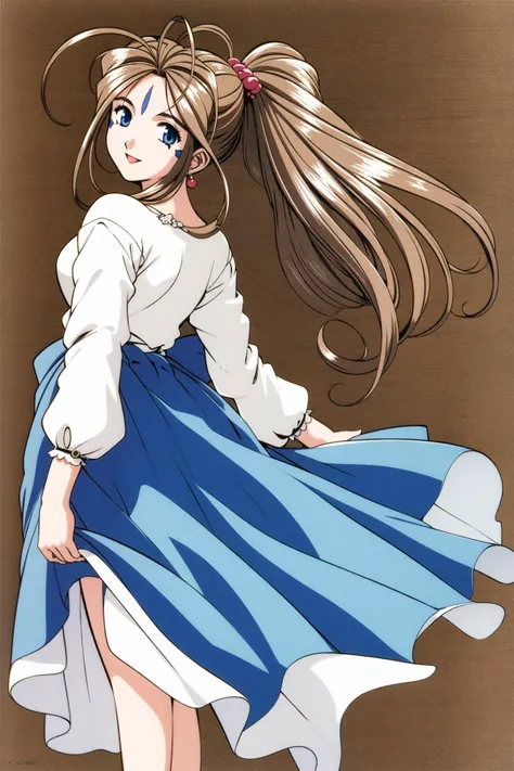 Belldandy,1girl, solo, facial mark, long hair, blue eyes, brown hair, forehead mark, jewelry, earrings, 1990s (style), ponytail, dress, retro artstyle, smile, looking back, long sleeves, <lora:Kosuke Fujishima:0.8>