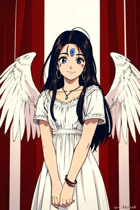 <lora:Kosuke Fujishima:0.6>skuld, long hair, facial mark, dress, forehead mark, jewelry, black hair,earrings, cowboy shot, wings,
(best quality, masterpiece, RAW photo,ultra-detailed:1.2), <lyco:GoodHands-beta2:1.0>,1girl,solo,looking at viewer,smile