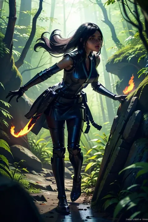 1girl, star wars jedy with lightsaber, dark eyes, prepare to war, dark theme, warping reality, long straight black hair, standing on a rock, in a forest, lots of trees, dark night, mist, midnight, glowing blue light, blue flames, highly detailed, long hairstyle, (sfw:1.4), vivid tones, extreme detail, strong willed, angry, bokeh, negative_hand, lora:oil2.0_2-512-64:0.7> JuggernautNegative, firefliesfireflies