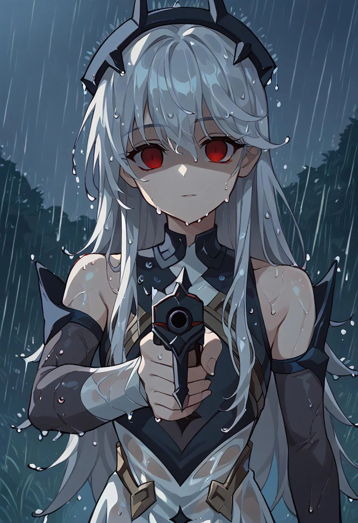1Girl, solo, white hair, long hair, Red eyes, white dress, black crown, score_9, score_8_up, score_7_up, source_anime,, upper body, bare shoulders, outdoors, rain, wet clothes, wet hair, cloudy, dark, heavy-rain, wet, looking at viewer, turned head, turned head to viewer, empty eyes, (shaded face), night, dark atmosphere, (gun), holding, pointing gun at viewer, black gun, gunatyou, aiming to viewer