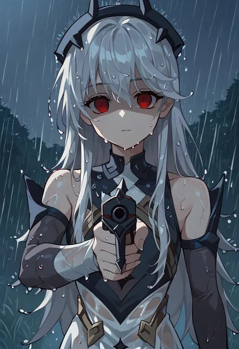 1Girl, solo, white hair, long hair, Red eyes, white dress, black crown, score_9, score_8_up, score_7_up, source_anime,, upper body, bare shoulders, outdoors, rain, wet clothes, wet hair, cloudy, dark, heavy-rain, wet, looking at viewer, turned head, turned head to viewer, empty eyes, (shaded face), night, dark atmosphere, (gun), holding, pointing gun at viewer, black gun, gunatyou, aiming to viewer